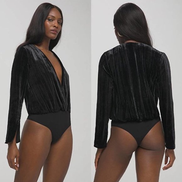 Good American Tops - NWT Good American Velvet Wrap Bodysuit Plunging Deep V-Neck Thong Black 4 / XL